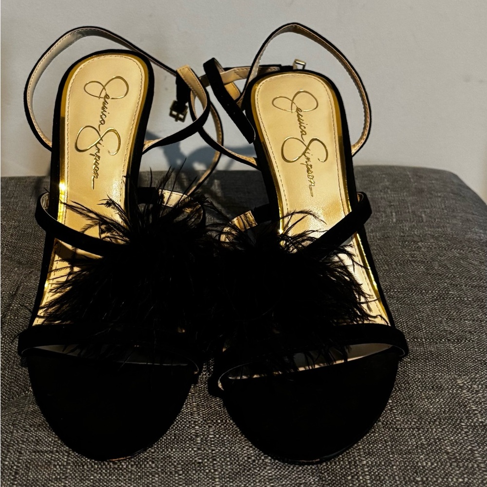Jessica Simpson Black Feather Strap Heels